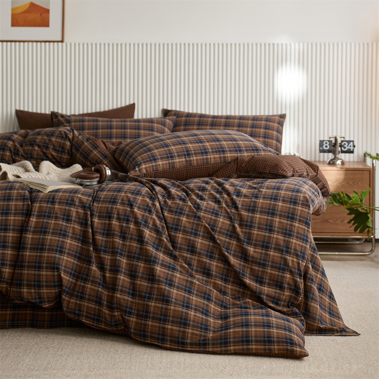 91家纺网 家纺一手货源 找家纺 启程家纺 2026新款纯棉水洗棉复古大格系列多规格纯棉单被套 苏格兰藏蓝大格