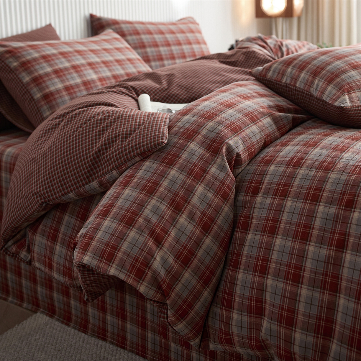 91家纺网 家纺一手货源 找家纺 启程家纺 2026新款纯棉水洗棉复古大格系列多规格纯棉单被套 苏格兰红大格