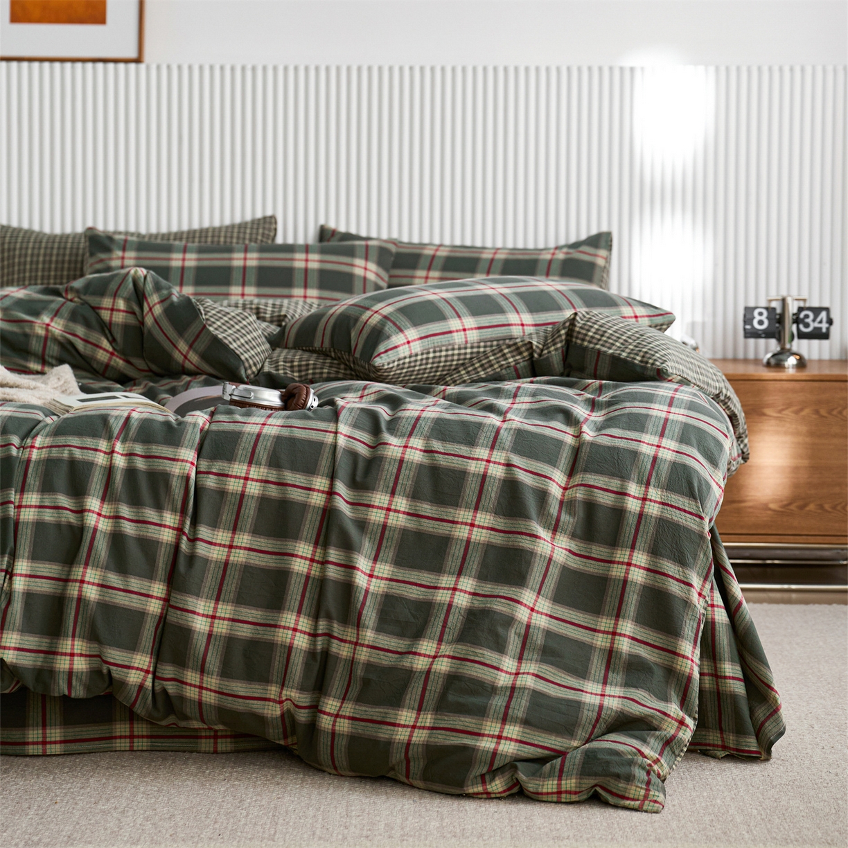 91家纺网 家纺一手货源 找家纺 启程家纺 2026新款纯棉水洗棉复古大格系列多规格纯棉单被套 摩登大绿