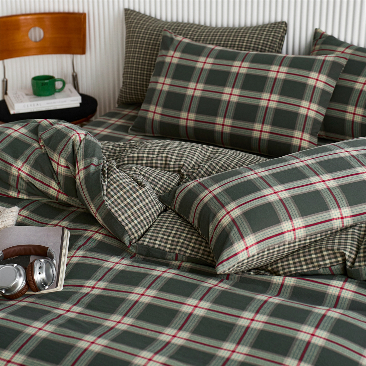 91家纺网 家纺一手货源 找家纺 启程家纺 2026新款纯棉水洗棉复古大格系列多规格纯棉单被套 摩登大绿