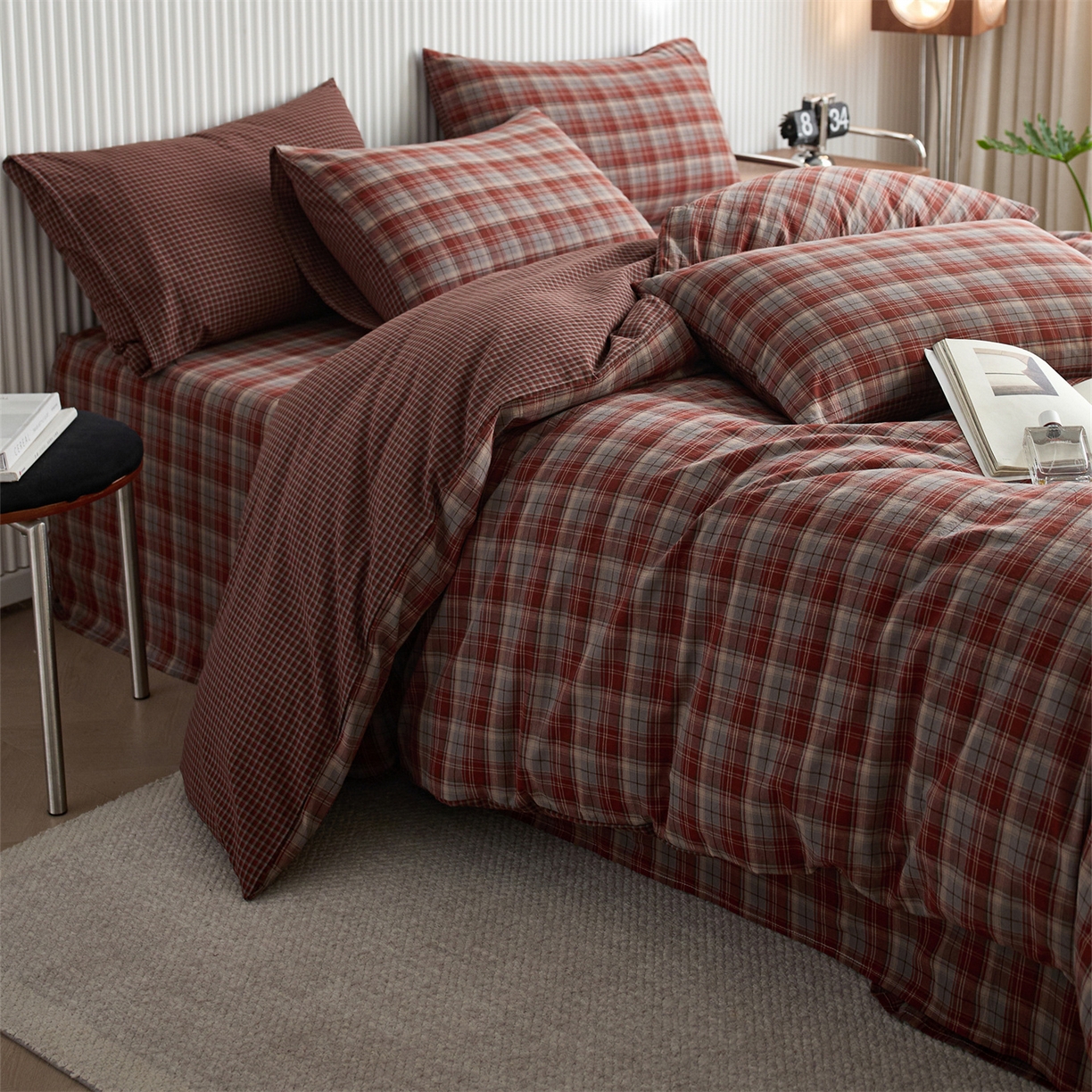 启程家纺 2026新款纯棉水洗棉复古大格系列多规格纯棉单被套 苏格兰红大格