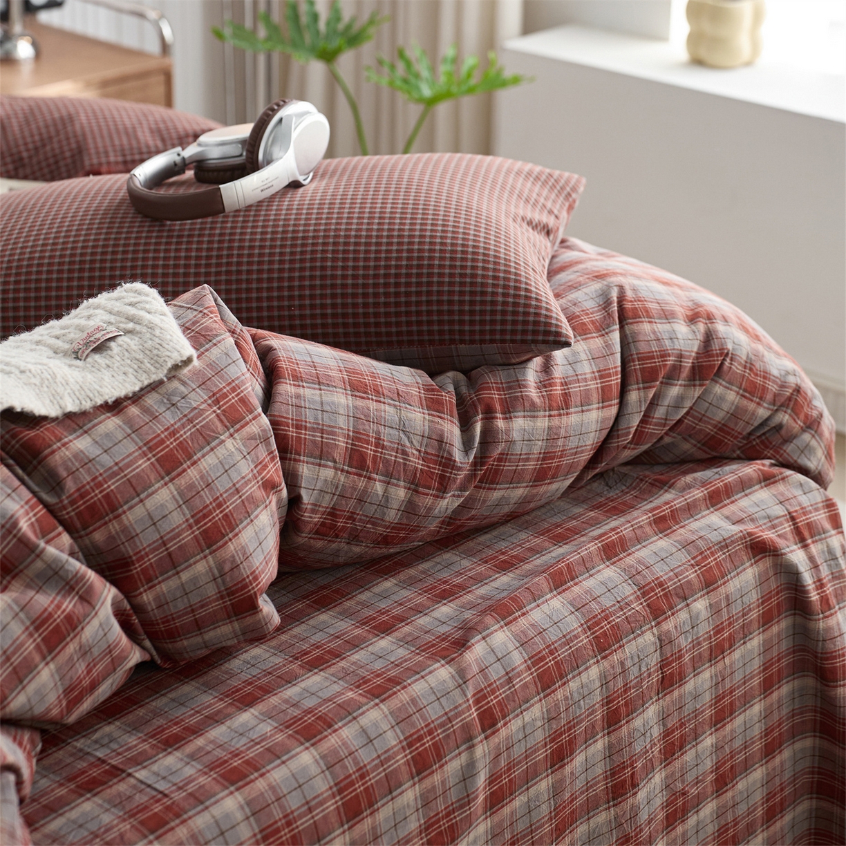 91家纺网 家纺一手货源 找家纺 启程家纺 2026新款纯棉水洗棉复古大格系列多规格纯棉单被套 苏格兰红大格