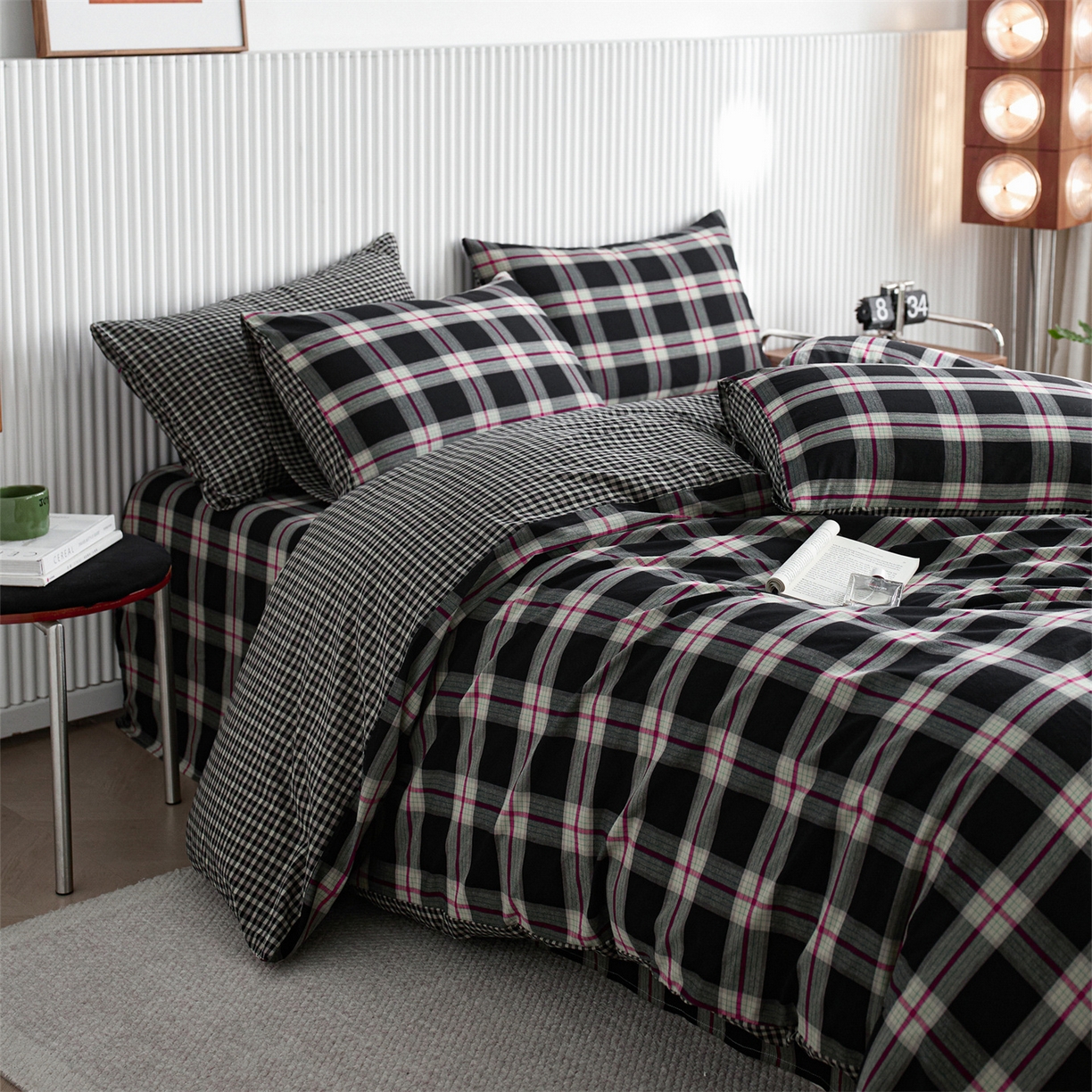 启程家纺 2026新款纯棉水洗棉复古大格系列多规格纯棉单被套 摩登大黑