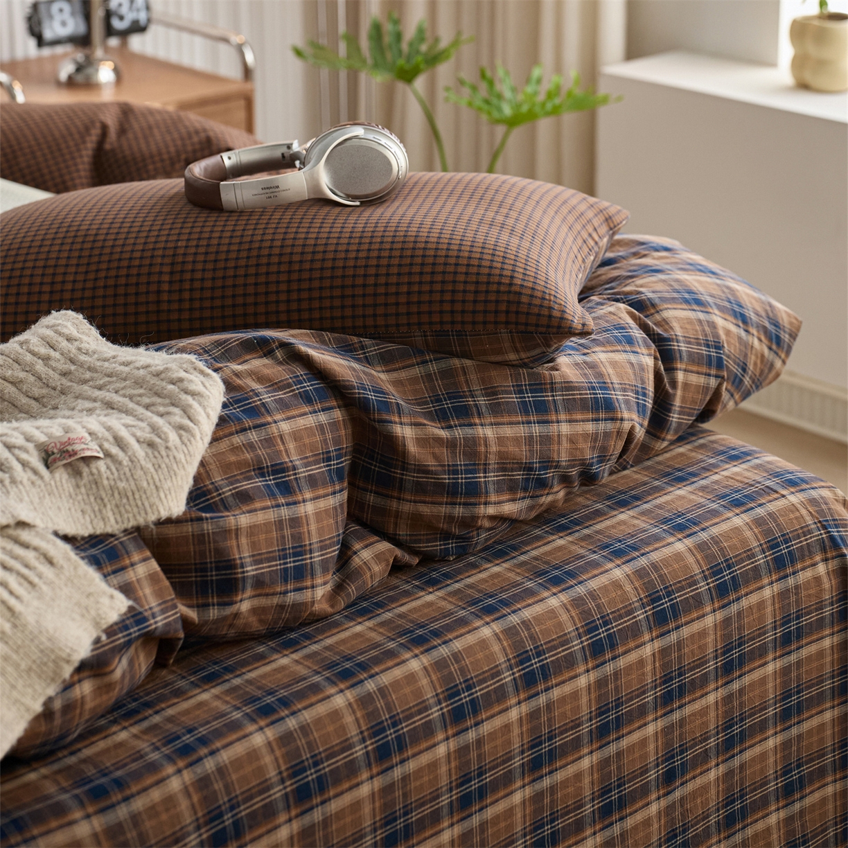 91家纺网 家纺一手货源 找家纺 启程家纺 2026新款纯棉水洗棉复古大格系列多规格纯棉单被套 苏格兰藏蓝大格