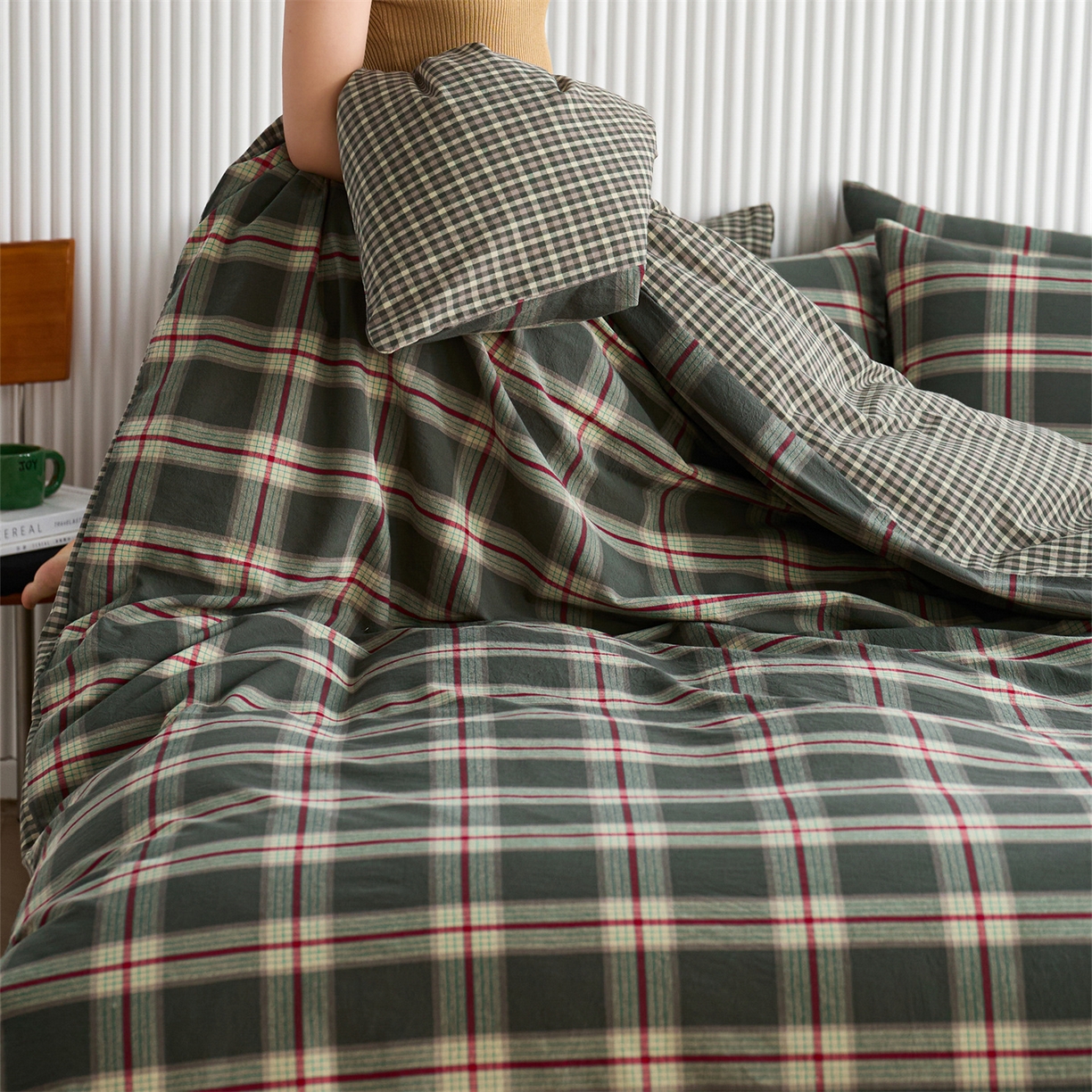 91家纺网 家纺一手货源 找家纺 启程家纺 2026新款纯棉水洗棉复古大格系列多规格纯棉单被套 摩登大绿
