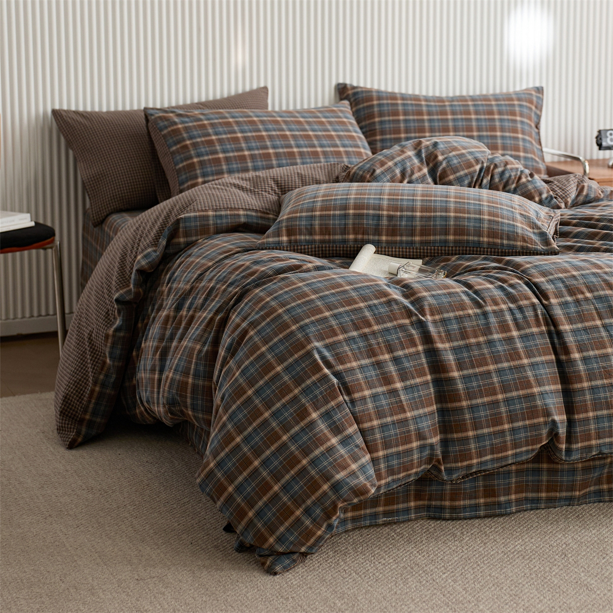 91家纺网 家纺一手货源 找家纺 启程家纺 2026新款纯棉水洗棉复古大格系列多规格纯棉单被套 苏格兰蓝大格