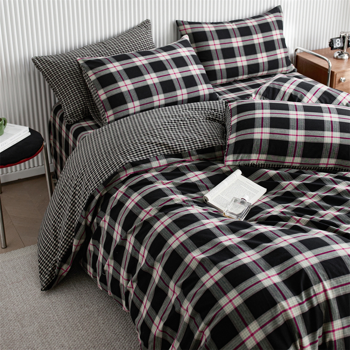 91家纺网 家纺一手货源 找家纺 启程家纺 2026新款纯棉水洗棉复古大格系列多规格纯棉单被套 摩登大黑