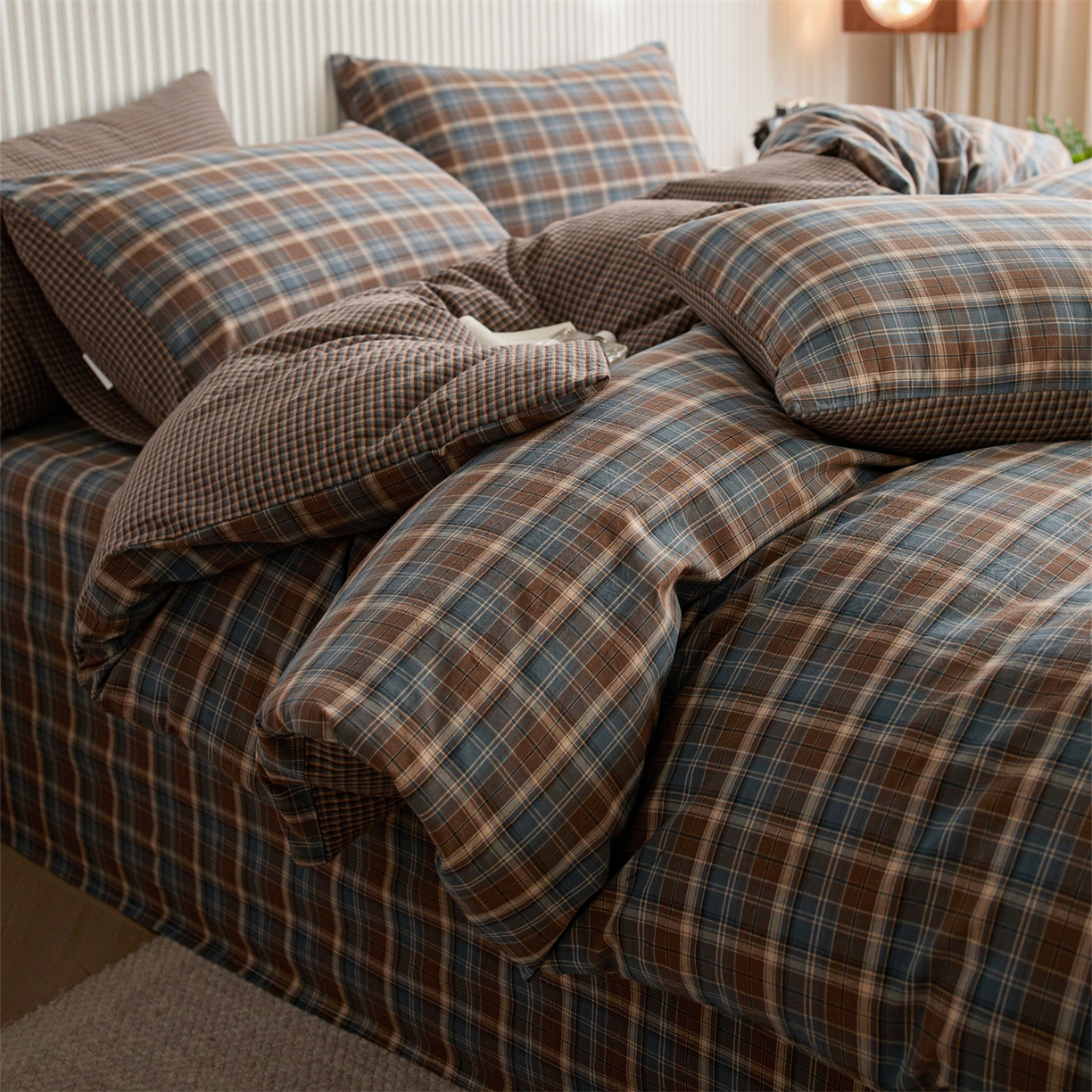 91家纺网 家纺一手货源 找家纺 启程家纺 2026新款纯棉水洗棉复古大格系列多规格纯棉单被套 苏格兰蓝大格