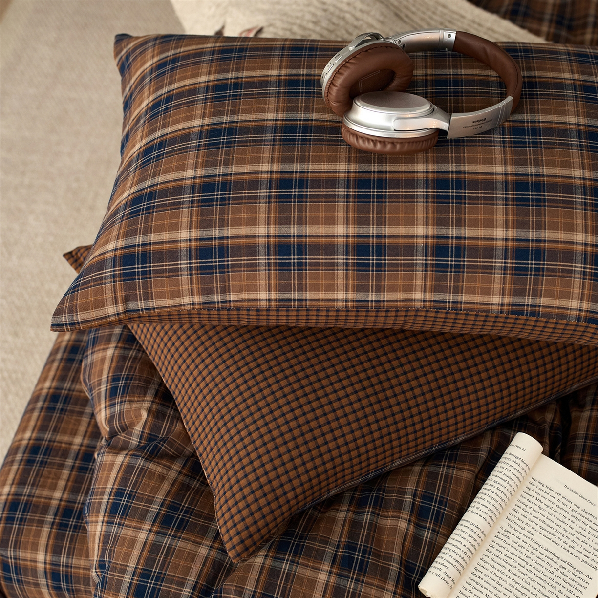 91家纺网 家纺一手货源 找家纺 启程家纺 2026新款纯棉水洗棉复古大格系列多规格纯棉单被套 苏格兰藏蓝大格