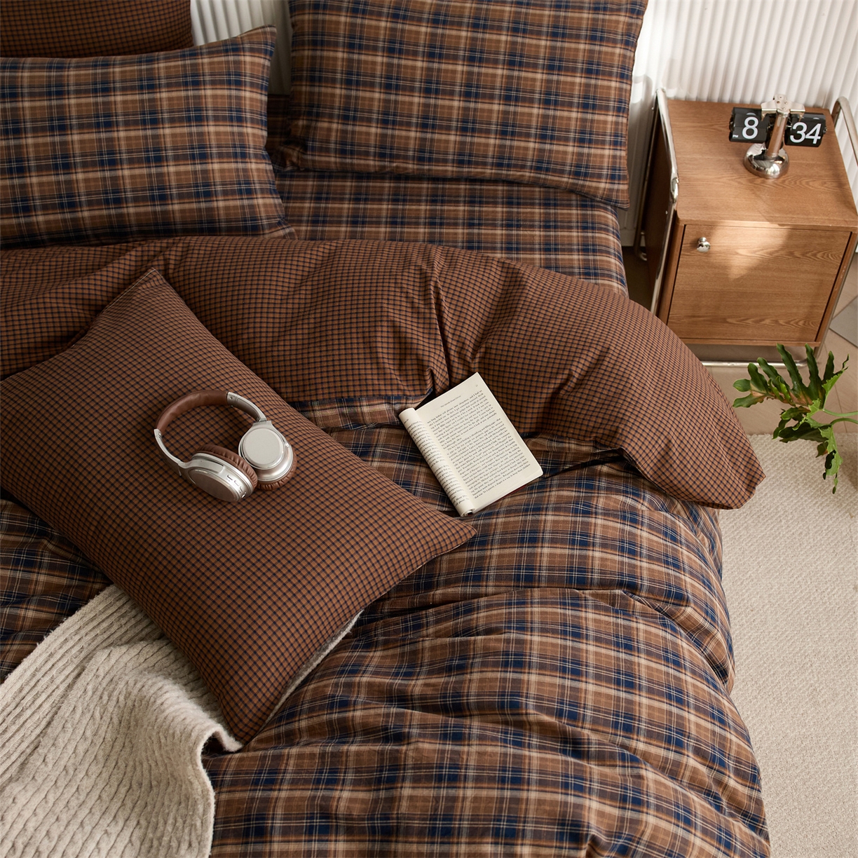 91家纺网 家纺一手货源 找家纺 启程家纺 2026新款纯棉水洗棉复古大格系列多规格纯棉单被套 苏格兰藏蓝大格