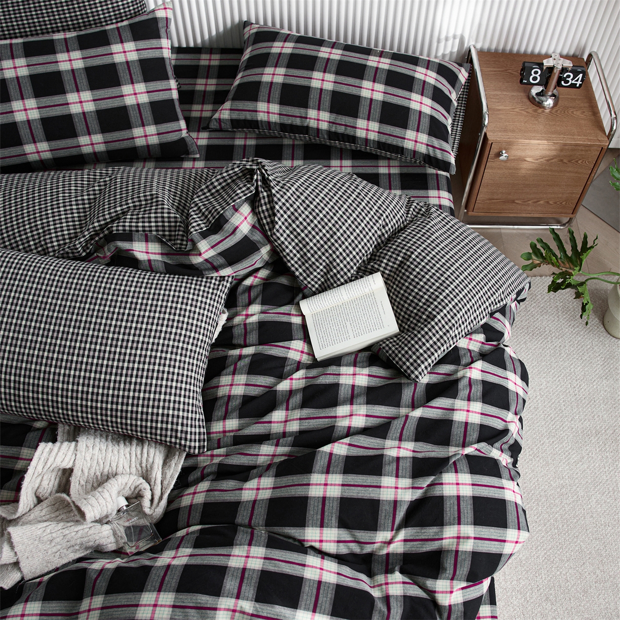 91家纺网 家纺一手货源 找家纺 启程家纺 2026新款纯棉水洗棉复古大格系列多规格纯棉单被套 摩登大黑