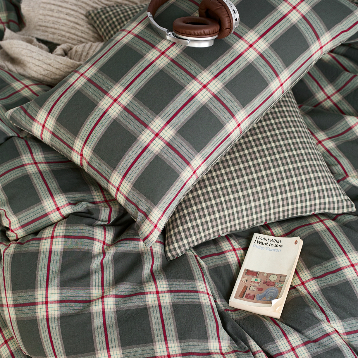 91家纺网 家纺一手货源 找家纺 启程家纺 2026新款纯棉水洗棉复古大格系列多规格纯棉单被套 摩登大绿