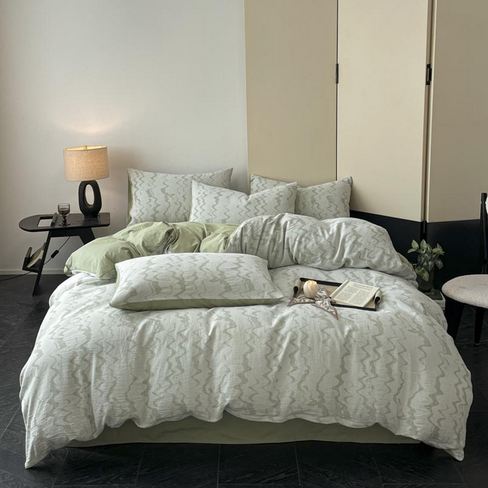 91家纺网 家纺一手货源 找家纺 ab家纺 2026新款全棉纯棉三层纱提花四件套 素影-绿