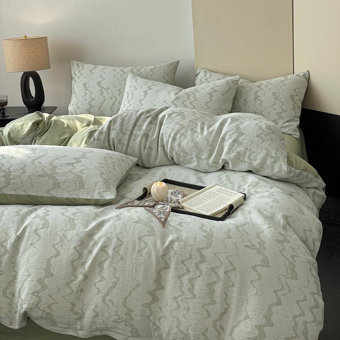 91家纺网 家纺一手货源 找家纺 ab家纺 2026新款全棉纯棉三层纱提花四件套 素影-绿