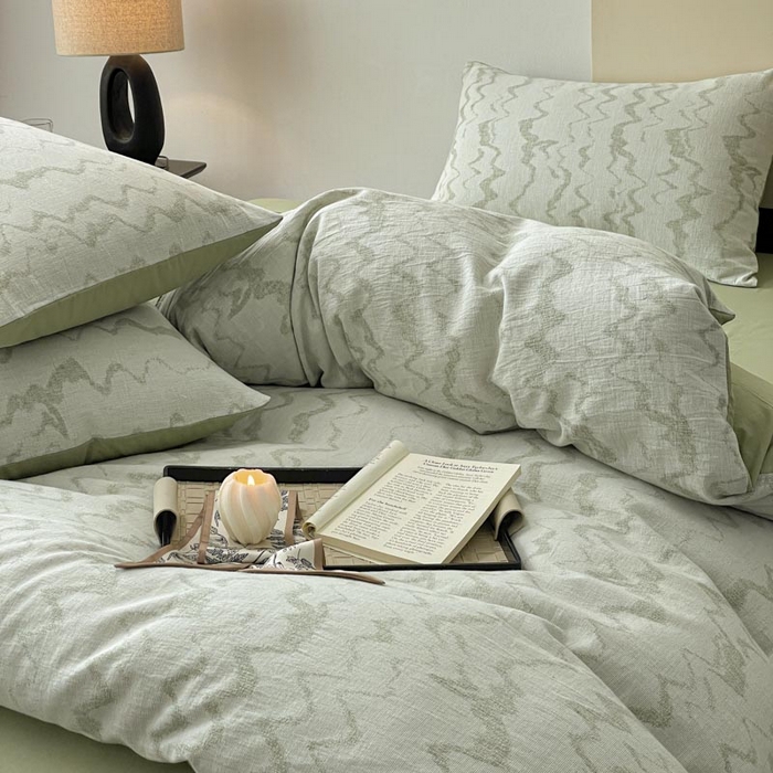 91家纺网 家纺一手货源 找家纺 ab家纺 2026新款全棉纯棉三层纱提花四件套 素影-绿