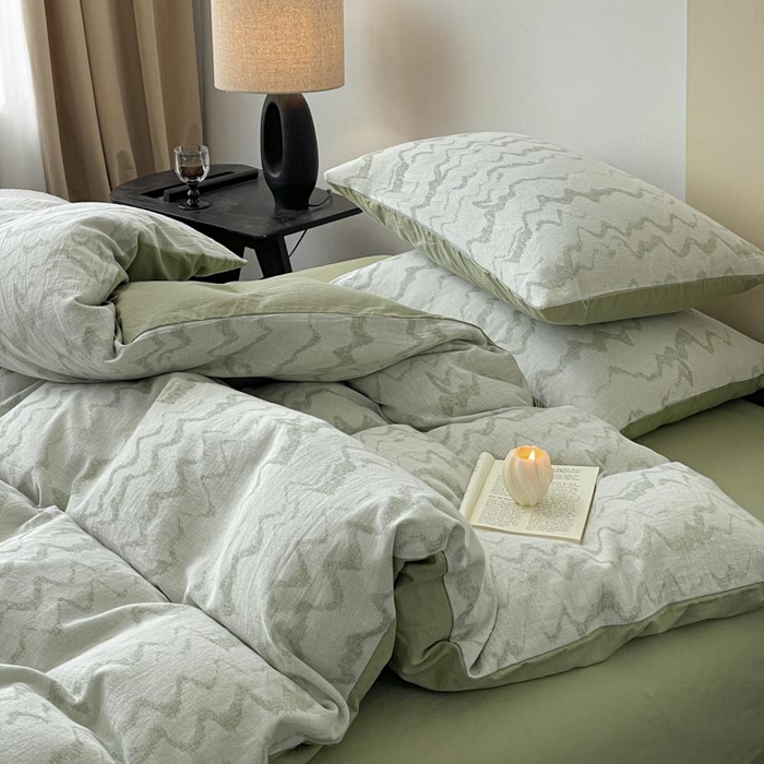 91家纺网 家纺一手货源 找家纺 ab家纺 2026新款全棉纯棉三层纱提花四件套 素影-绿