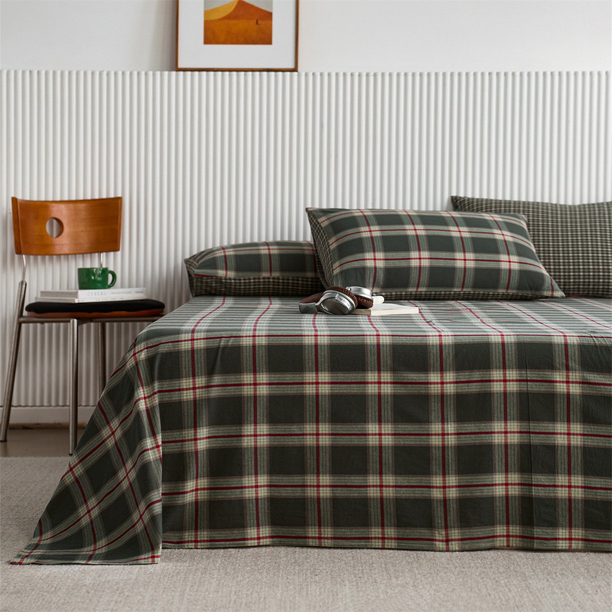 启程家纺 2026新款纯棉水洗棉复古大格系列多规格纯棉床单 摩登大绿