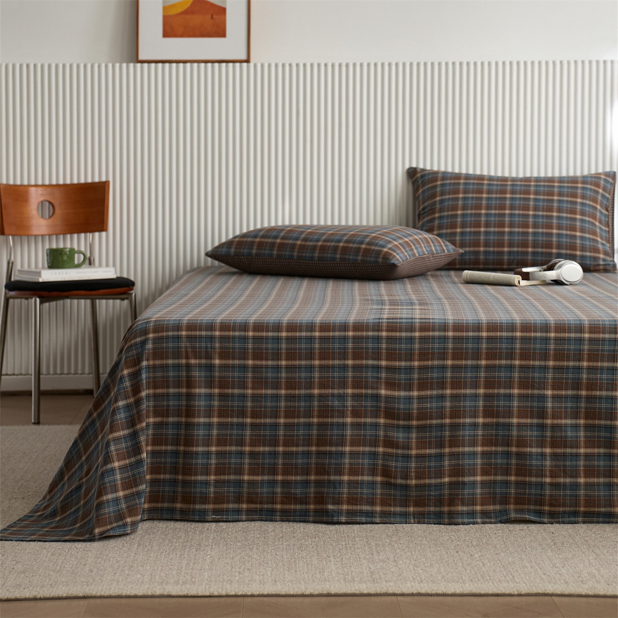 启程家纺 2026新款纯棉水洗棉复古大格系列多规格纯棉床单 苏格兰蓝大格