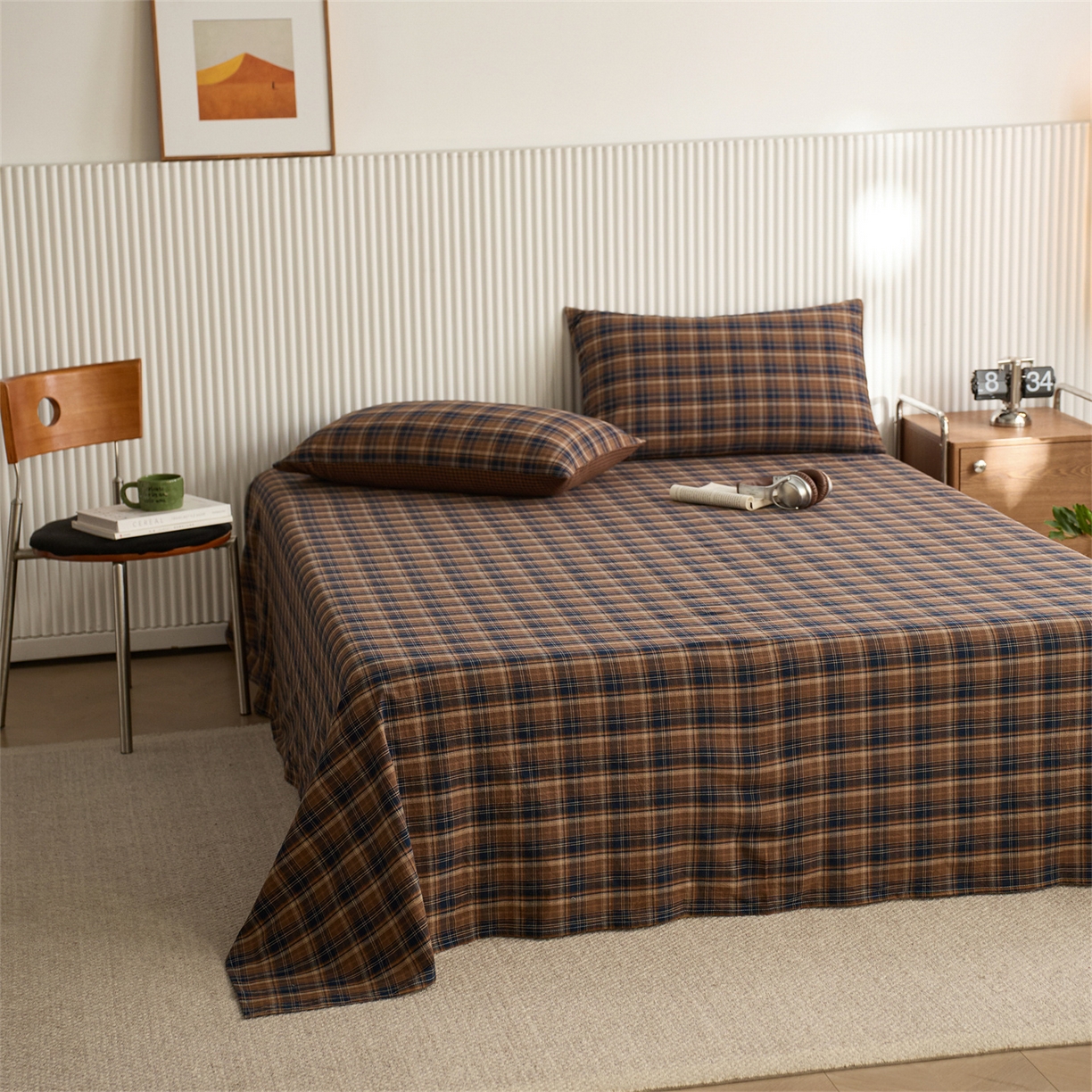 91家纺网 家纺一手货源 找家纺 启程家纺 2026新款纯棉水洗棉复古大格系列多规格纯棉床单 苏格兰藏蓝大格