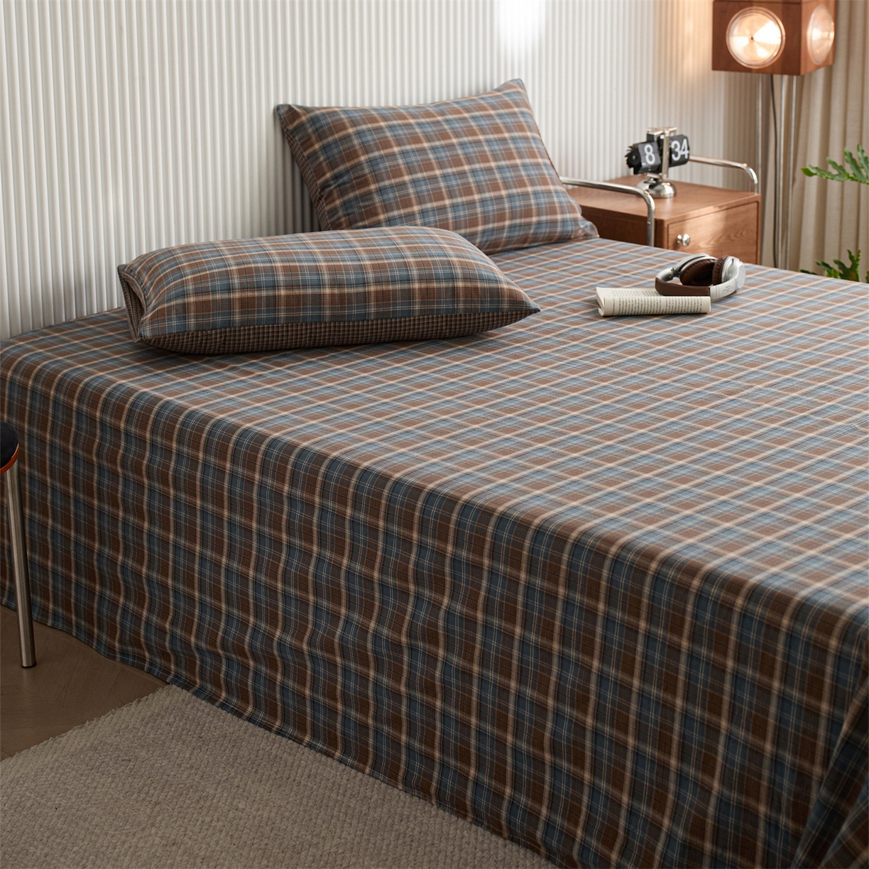 91家纺网 家纺一手货源 找家纺 启程家纺 2026新款纯棉水洗棉复古大格系列多规格纯棉床单 苏格兰蓝大格