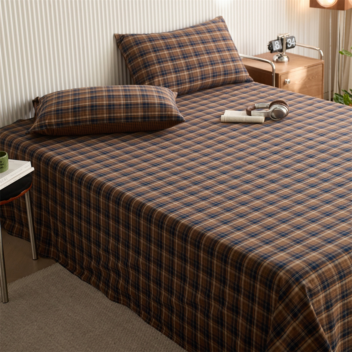 91家纺网 家纺一手货源 找家纺 启程家纺 2026新款纯棉水洗棉复古大格系列多规格纯棉床单 苏格兰藏蓝大格