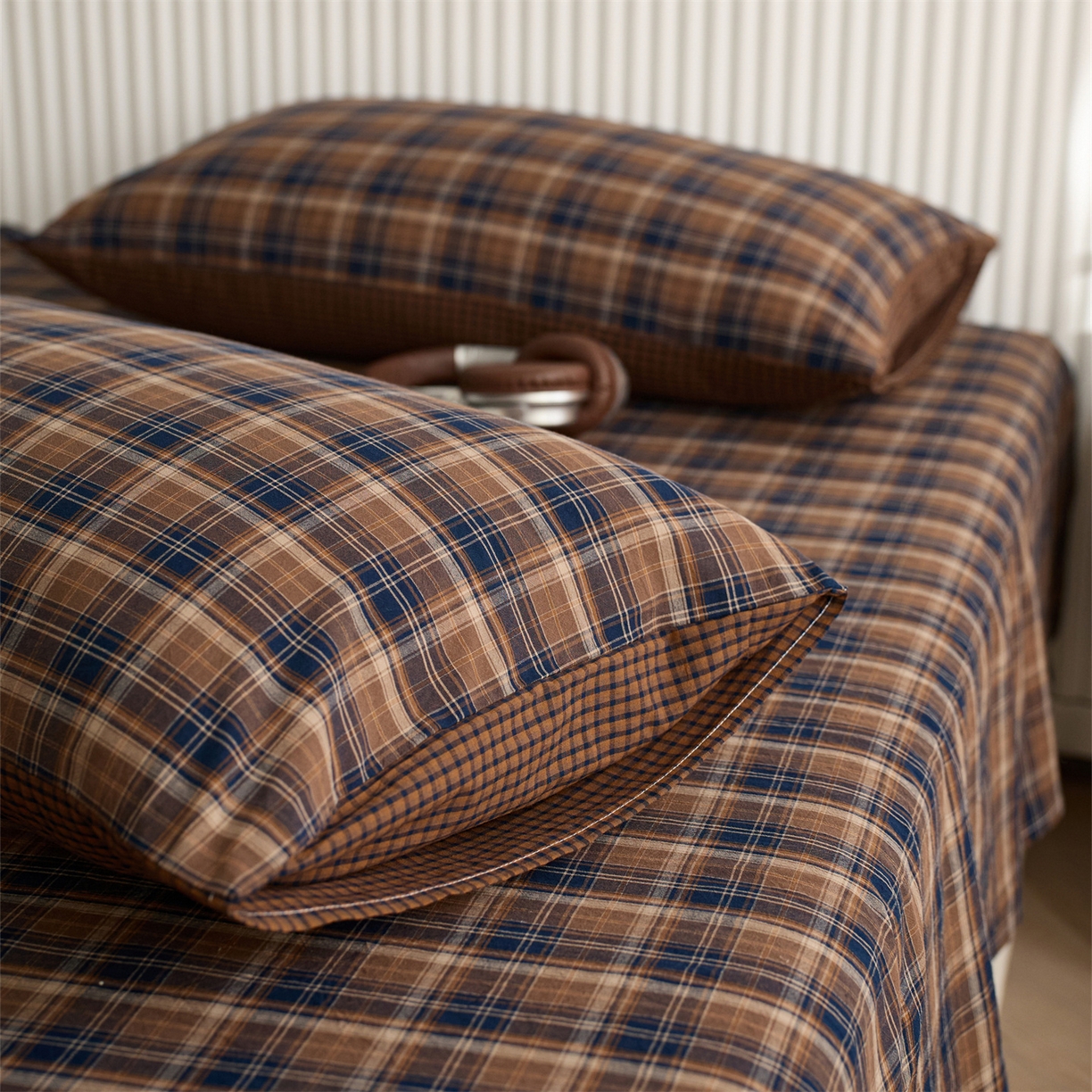 91家纺网 家纺一手货源 找家纺 启程家纺 2026新款纯棉水洗棉复古大格系列多规格纯棉床单 苏格兰藏蓝大格