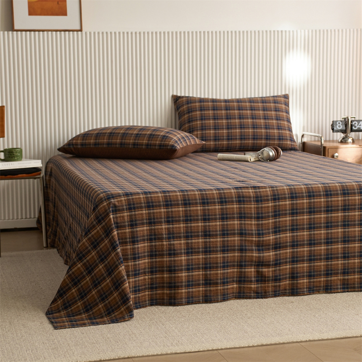 91家纺网 家纺一手货源 找家纺 启程家纺 2026新款纯棉水洗棉复古大格系列多规格纯棉床单 苏格兰藏蓝大格