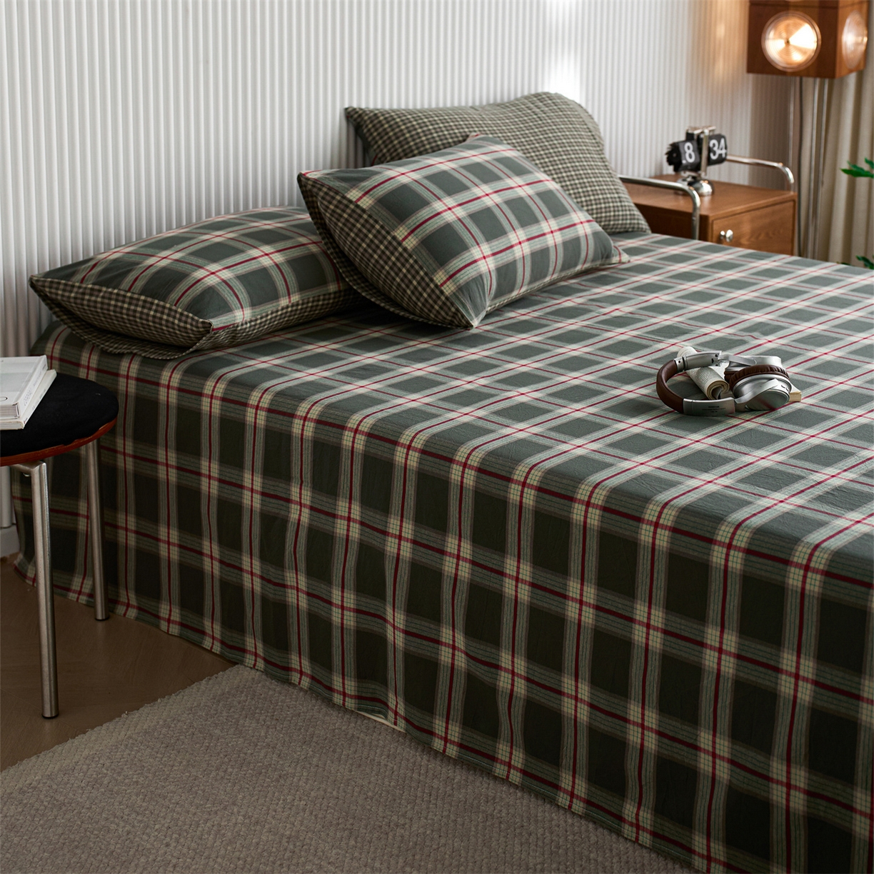 91家纺网 家纺一手货源 找家纺 启程家纺 2026新款纯棉水洗棉复古大格系列多规格纯棉床单 摩登大绿