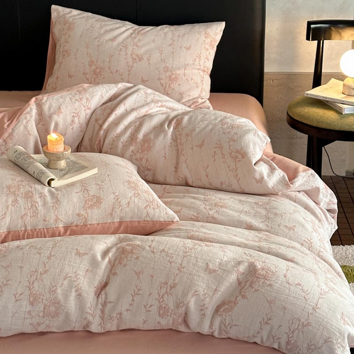 91家纺网 家纺一手货源 找家纺 ab家纺 2026新款全棉纯棉三层纱提花四件套 茵荔-粉