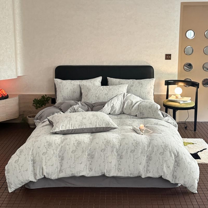 91家纺网 家纺一手货源 找家纺 ab家纺 2026新款全棉纯棉三层纱提花四件套 茵荔-灰