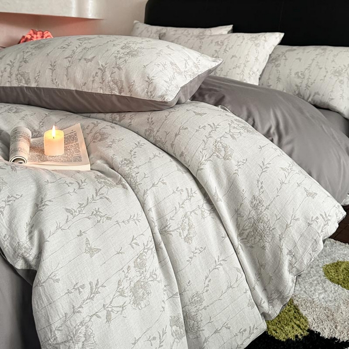 91家纺网 家纺一手货源 找家纺 ab家纺 2026新款全棉纯棉三层纱提花四件套 茵荔-灰