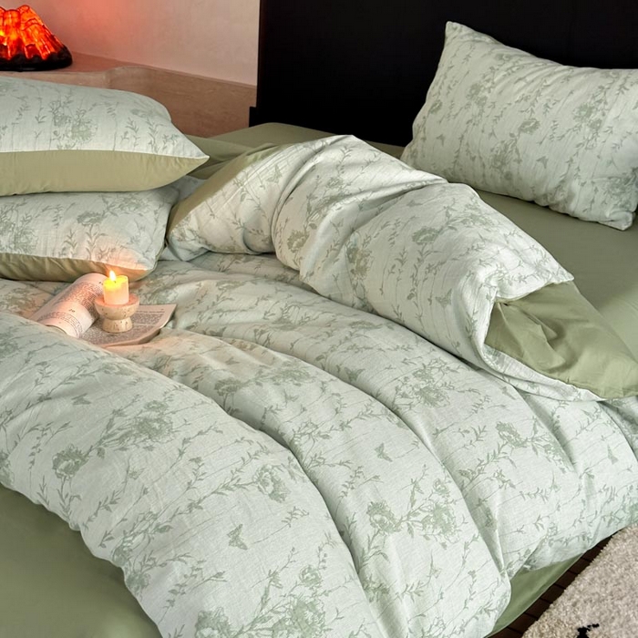 91家纺网 家纺一手货源 找家纺 ab家纺 2026新款全棉纯棉三层纱提花四件套 茵荔-绿