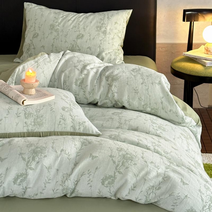 91家纺网 家纺一手货源 找家纺 ab家纺 2026新款全棉纯棉三层纱提花四件套 茵荔-绿