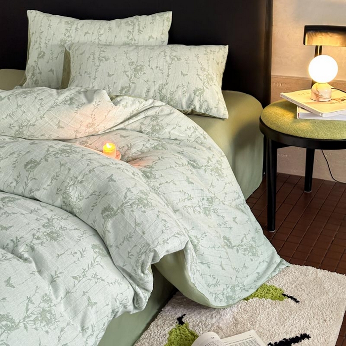 91家纺网 家纺一手货源 找家纺 ab家纺 2026新款全棉纯棉三层纱提花四件套 茵荔-绿