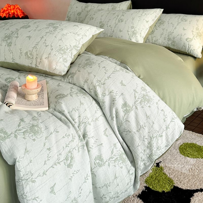 91家纺网 家纺一手货源 找家纺 ab家纺 2026新款全棉纯棉三层纱提花四件套 茵荔-绿