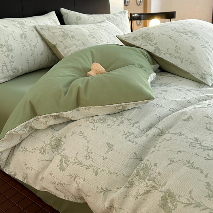 91家纺网 家纺一手货源 找家纺 ab家纺 2026新款全棉纯棉三层纱提花四件套 茵荔-绿