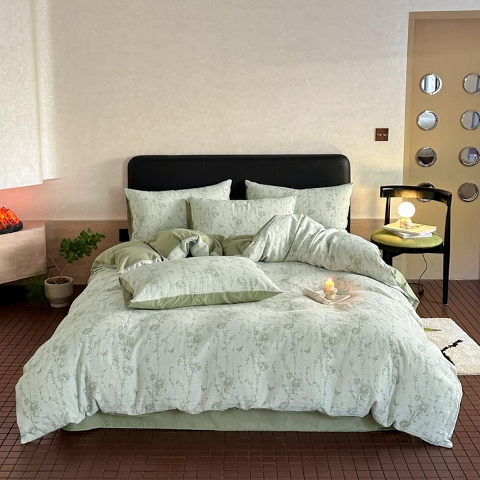 91家纺网 家纺一手货源 找家纺 ab家纺 2026新款全棉纯棉三层纱提花四件套 茵荔-绿