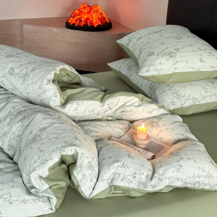 91家纺网 家纺一手货源 找家纺 ab家纺 2026新款全棉纯棉三层纱提花四件套 茵荔-绿