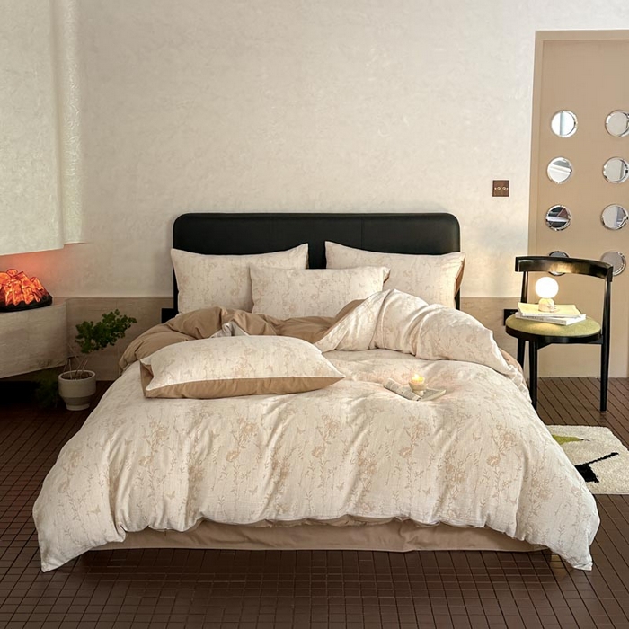 91家纺网 家纺一手货源 找家纺 ab家纺 2026新款全棉纯棉三层纱提花四件套 茵荔-米咖