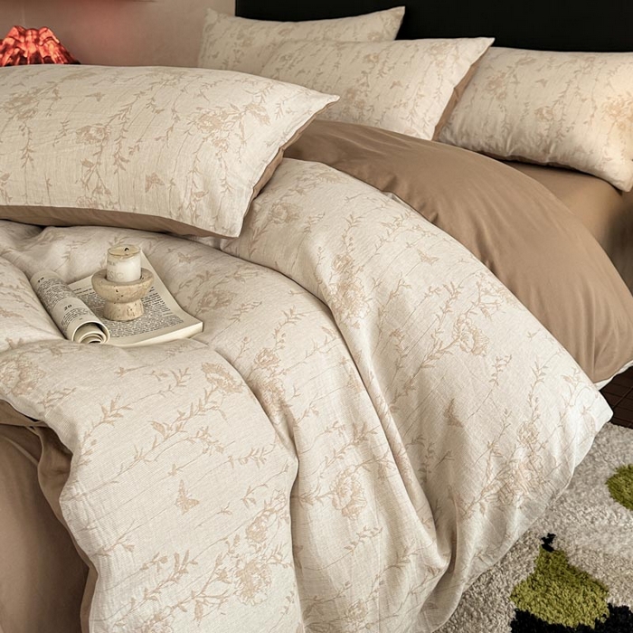 91家纺网 家纺一手货源 找家纺 ab家纺 2026新款全棉纯棉三层纱提花四件套 茵荔-米咖