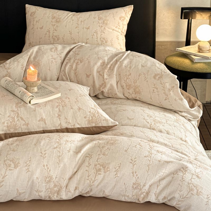 91家纺网 家纺一手货源 找家纺 ab家纺 2026新款全棉纯棉三层纱提花四件套 茵荔-米咖