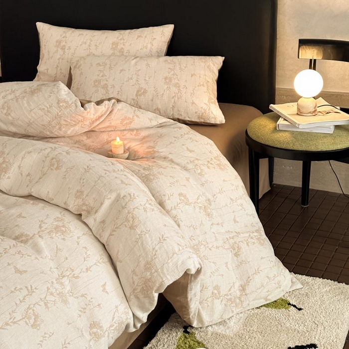 91家纺网 家纺一手货源 找家纺 ab家纺 2026新款全棉纯棉三层纱提花四件套 茵荔-米咖