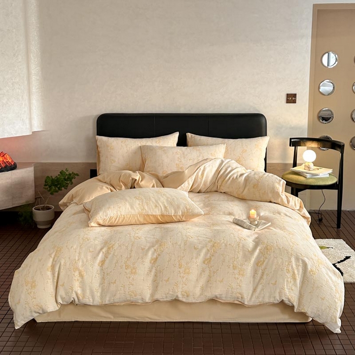 91家纺网 家纺一手货源 找家纺 ab家纺 2026新款全棉纯棉三层纱提花四件套 茵荔-浅黄