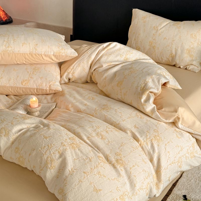 91家纺网 家纺一手货源 找家纺 ab家纺 2026新款全棉纯棉三层纱提花四件套 茵荔-浅黄