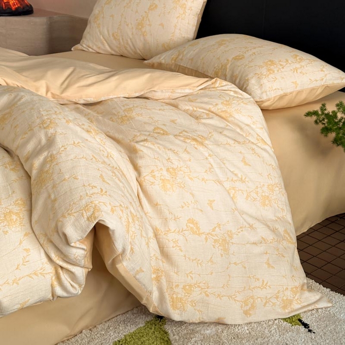 91家纺网 家纺一手货源 找家纺 ab家纺 2026新款全棉纯棉三层纱提花四件套 茵荔-浅黄