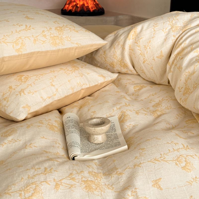 91家纺网 家纺一手货源 找家纺 ab家纺 2026新款全棉纯棉三层纱提花四件套 茵荔-浅黄