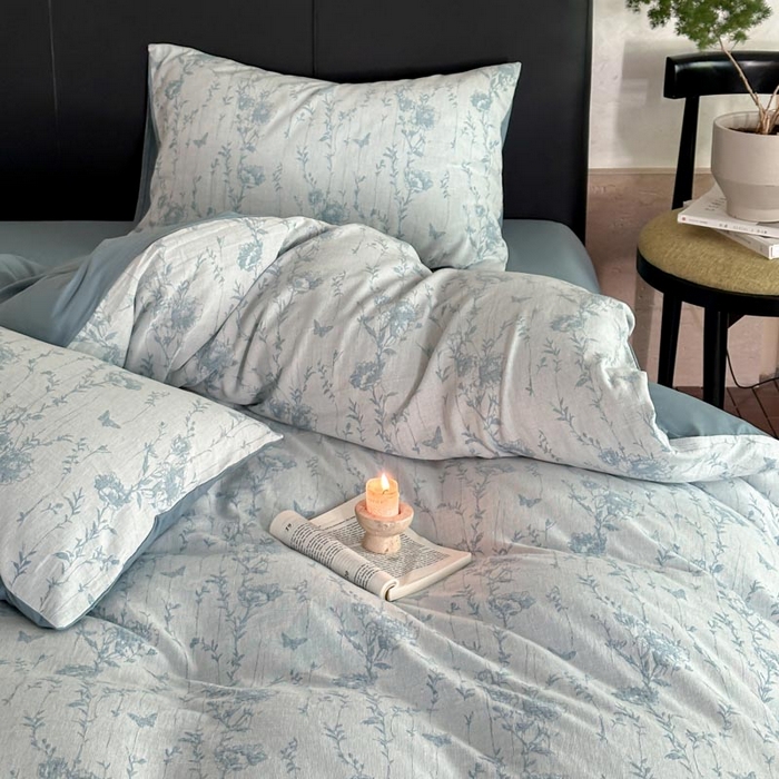 91家纺网 家纺一手货源 找家纺 ab家纺 2026新款全棉纯棉三层纱提花四件套 茵荔-浅蓝