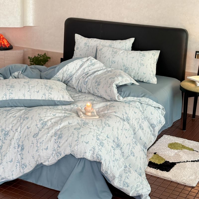 91家纺网 家纺一手货源 找家纺 ab家纺 2026新款全棉纯棉三层纱提花四件套 茵荔-浅蓝