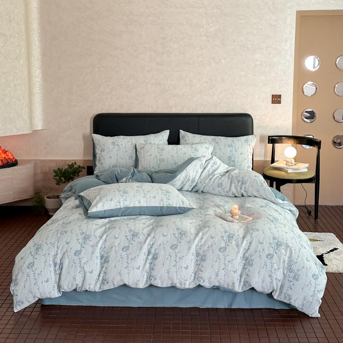 91家纺网 家纺一手货源 找家纺 ab家纺 2026新款全棉纯棉三层纱提花四件套 茵荔-浅蓝