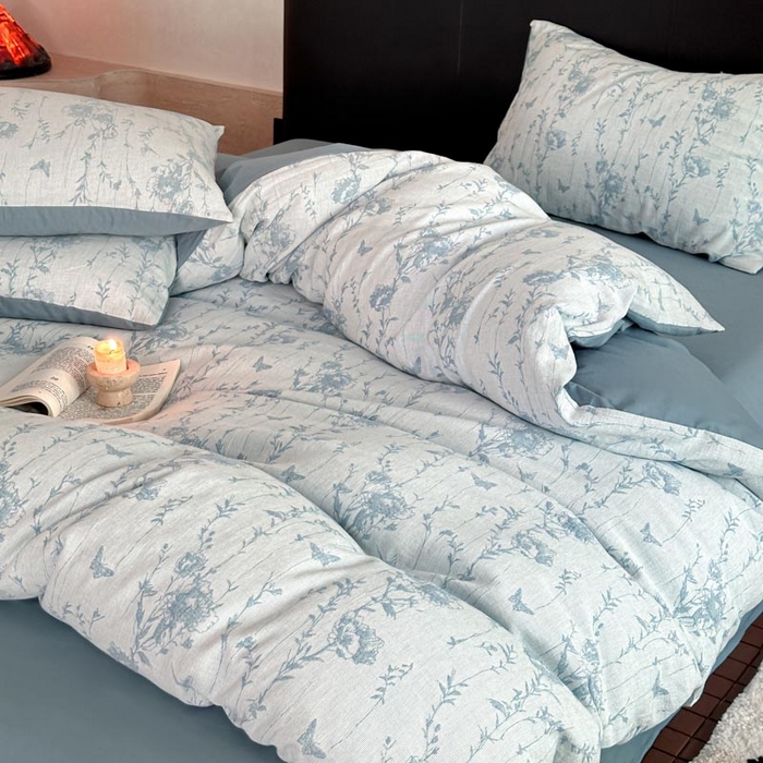 91家纺网 家纺一手货源 找家纺 ab家纺 2026新款全棉纯棉三层纱提花四件套 茵荔-浅蓝